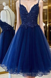 A Line V Neck Short Blue Semi Formal Prom Dresses, Short Blue Lace Graduation Homecoming Dresses